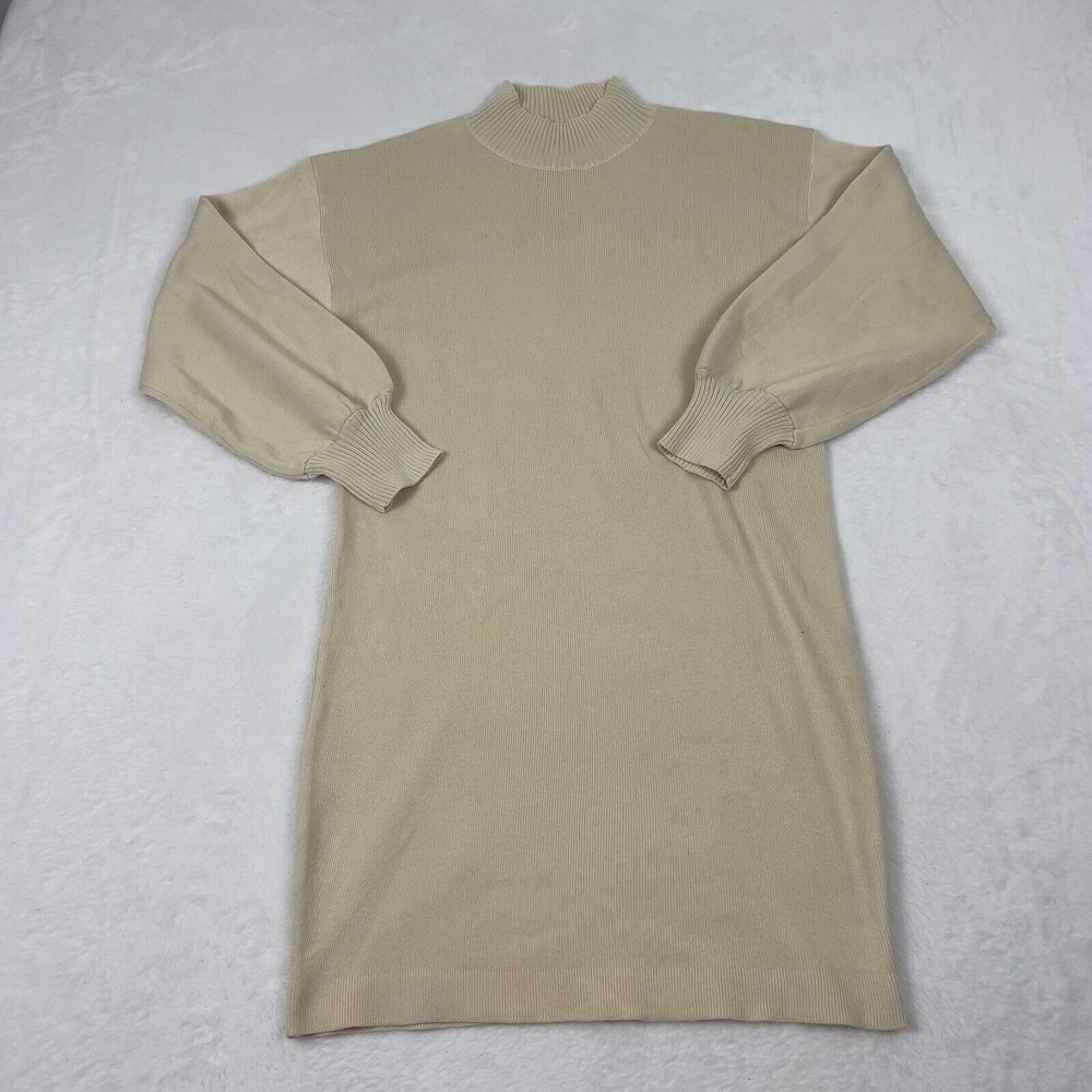 Women Beige Mock Neck Ribbed Long Sleeve Sweater Dress M